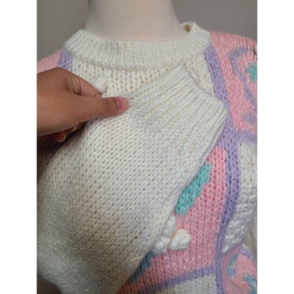Vintage 90s pastel bauble bobble knit sweater with floral details Large - Picture 4 of 6